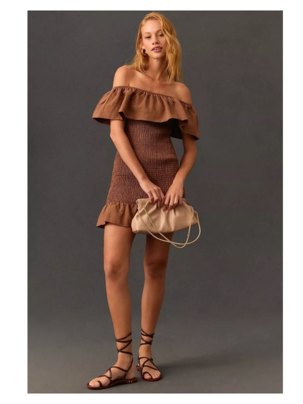 Anthropologie Brown Off-the-shoulder Smocked Dress Small